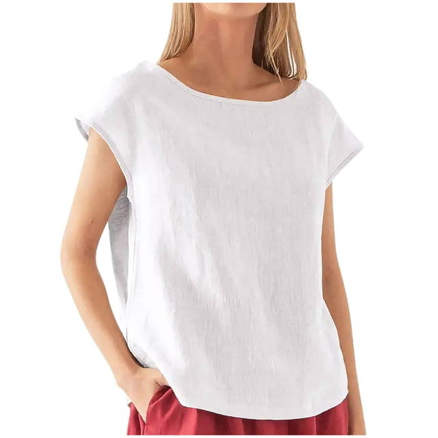 Penkiiy Blouse en Lin à Manches Courtes Col Rond Été Décontractée Coupe Ample TG Blanc