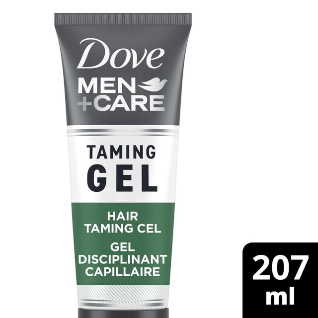Dove Men+Care Well-Defined Taming Hair Gel in a 207 ml grey, white, and green tube with bold text, designed for men's hair care to provide strong hold and smooth finish for controlled, sleek hairstyles, suitable for daily use.