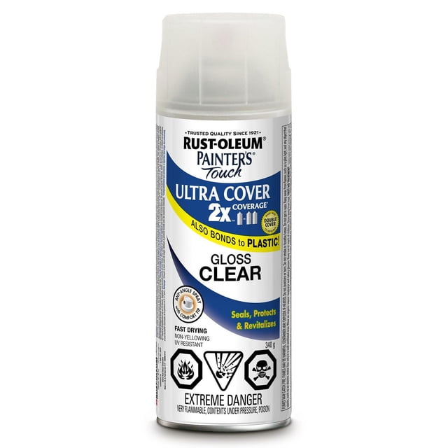 Painter's Touch 2X Ultra Cover Gloss Clear Paint spray can with white and blue label, featuring any-angle spray tip for versatile application, fast drying, UV resistant formula, and extreme danger warnings for flammability and poison, 340 g.