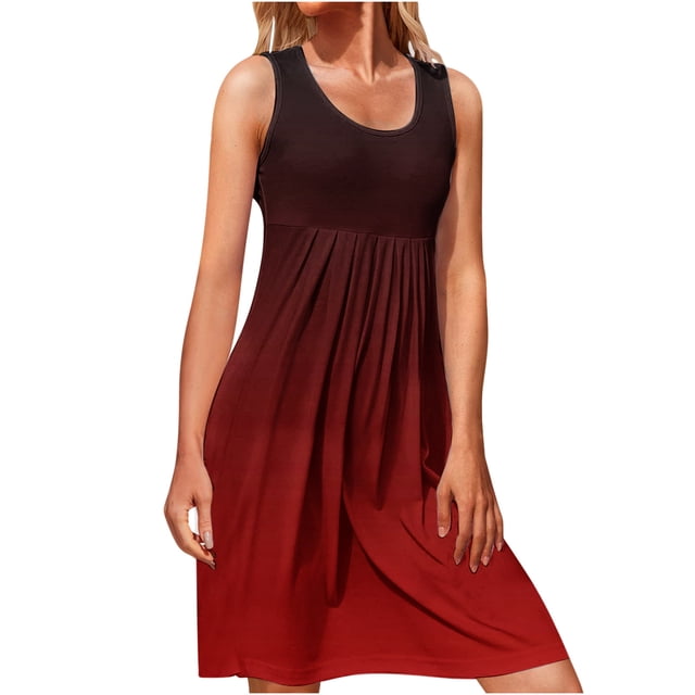 RKSTN Robes d'Été pour Femmes 2023 Mode Couleur Dégradée Sans Manches Longueur Genou Jupes Col Rond Imprimé Robe Décontractée Ample