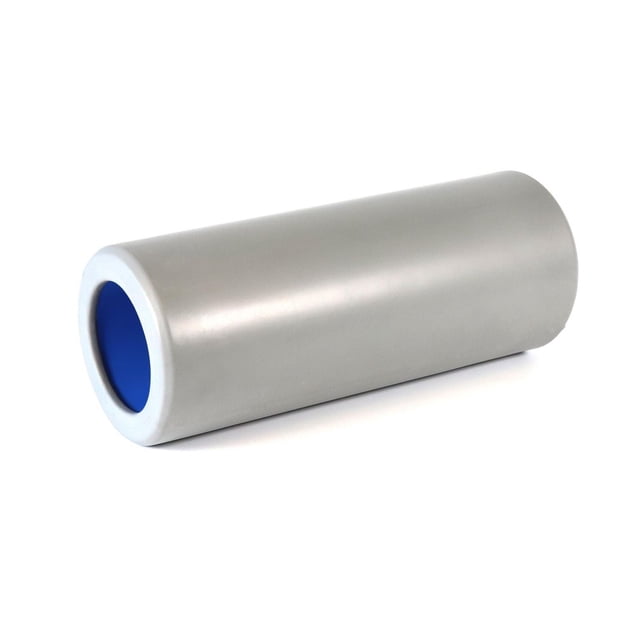 PurAthletics Foam Roller in grey with smooth textured surface and blue hollow core, medium density 4.5 by 12 inch foam cylinder for muscle conditioning, relieving soreness, improving flexibility, and balance training.