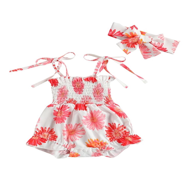 Baby Sleeveless High Waist Summer Infants Floral Romper+Headband