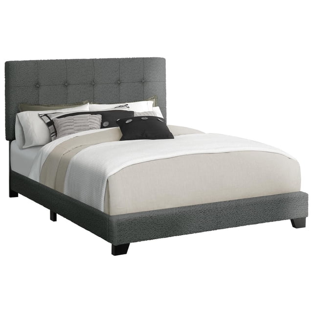 Monarch Specialties Bed, Bedroom, Frame Only, Queen Size, Upholstered, Dark Grey Boucle, Transitional queen size bed frame upholstered in dark grey boucle fabric with a button-tufted padded headboard, black block feet, and sturdy engineered wood frame with wooden slats, shown with layered neutral bedding. This low-profile frame supports a standard queen box spring and mattress, suitable for fashion-forward bedrooms.