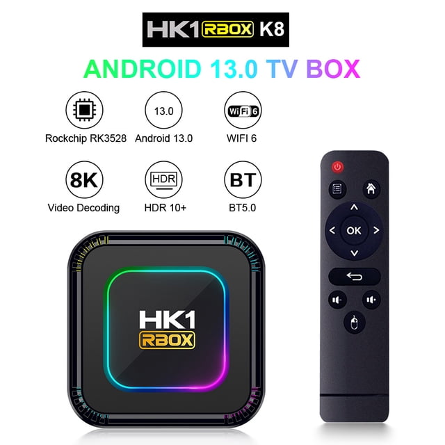 HK1 RBOX K8 Lecteur Multimédia 4K avec Processeur Cortex-A53 à Quatre Cœurs 64 Bits RK3528 et GPU Penta Core Mali-450. le Boîtier TV Intelligent Prend en Charge Android 13.0, la Lecture Vidéo 4K et l'Enregistrement 8K. Il Inclut 4 Go de RAM et jusqu'à 64 Go de Stockage, Wi-Fi Double Bande, BT5.0 et Prise en Charge de Plusieurs Langues. l'Image Montre le Boîtier TV compact Noir avec un Contour à DEL Multicolore Lumineux et la Télécommande Incluse