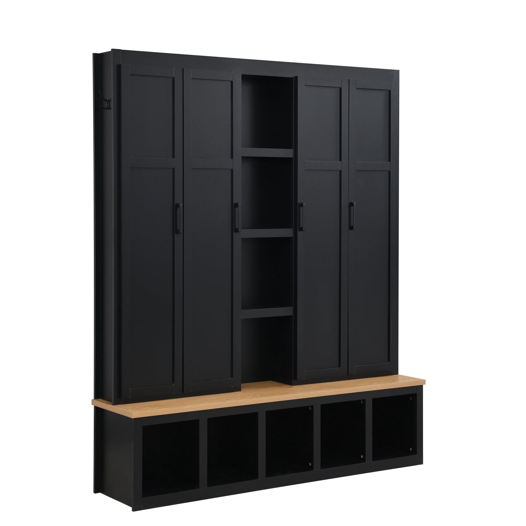 Noble House 62.9" Farmhouse Hall Tree with 6 Hooks,Wood Grain Bench & Shoe Cabinet for Entryway Living Room,Black