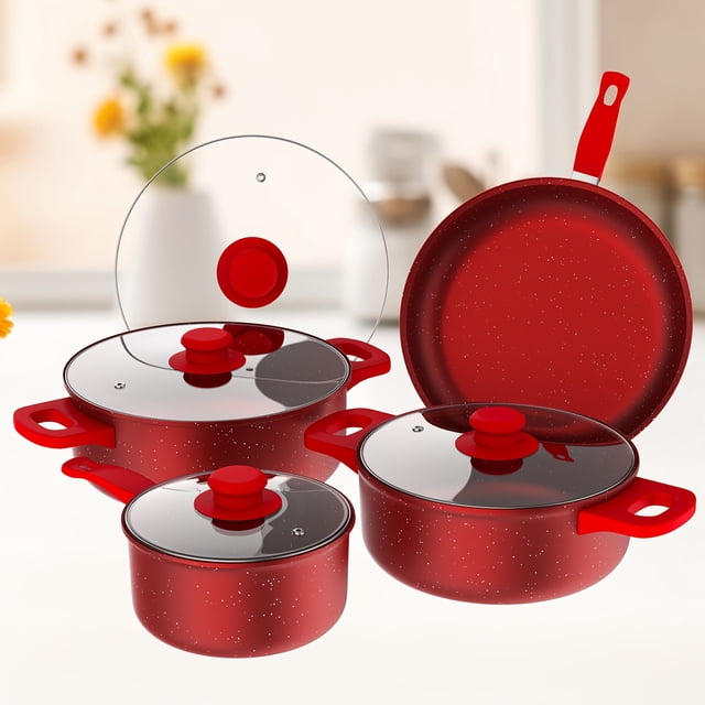 Bamboohart Induction Cookware Set, 13 pieces, featuring non-stick red pans with speckled design and gumwood handles. Includes a frying pan, stewing pot, stockpot, and additional cookware with glass lids. Suitable for indoor and outdoor cooking.