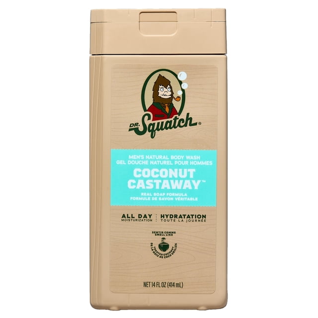 Dr. Squatch Men's Natural Non-Exfoliating Body Wash Coconut Castaway 14 fl oz in a beige rectangular bottle with cartoon Sasquatch logo and turquoise label highlighting real soap formula and all-day hydration, suitable for men's daily bath and shower use.