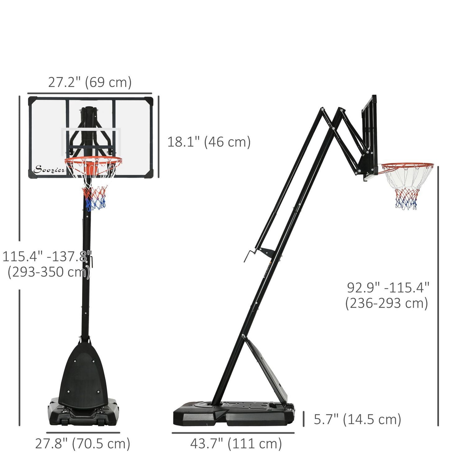 Soozier Panier de basket-ball avec base de poids à roulettes, hauteur réglable 115.4"-137.8