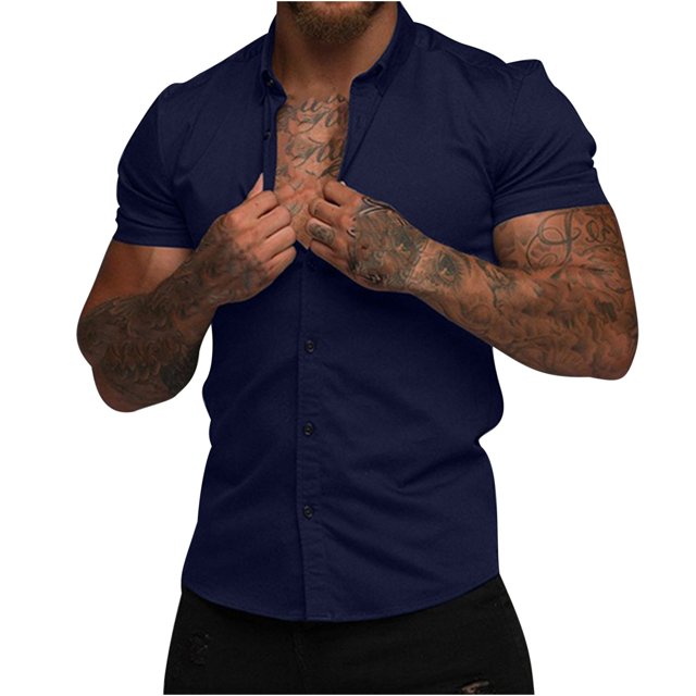 XZNGL Men Shirts Short Sleeve Men Casual Solid Slim-Fit Turn-Down Collar Button Short Sleeve Business Shirt Mens Linen Shirts Short Sleeve Mens Shirts Short Sleeve Casual