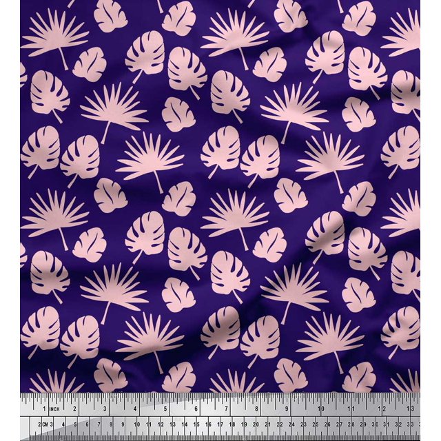 Soimoi Blue Poly Georgette Fabric Palm & Monstera Leaves Print Sewing Fabric BTY 42 Inch Wide
