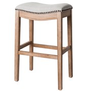 Maven Lane Adrien Saddle Bar Stool Oak Finish Sand Color Fabric Upholstery