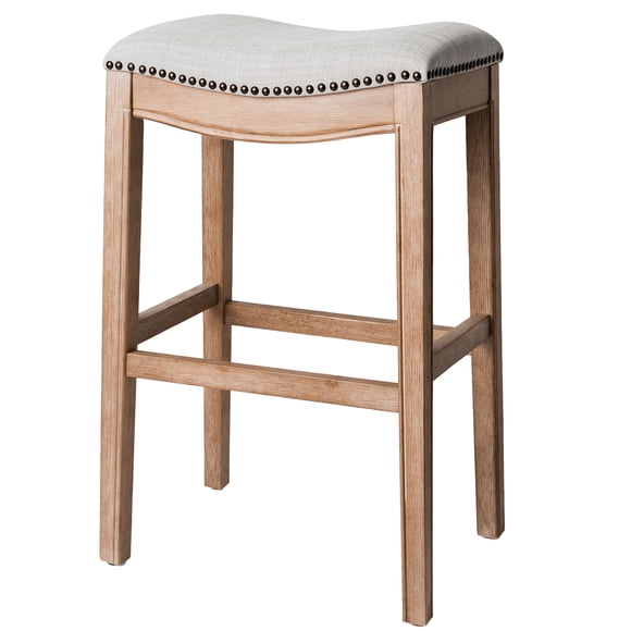 Maven Lane Adrien Saddle Bar Stool Oak Finish Sand Color Fabric Upholstery