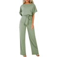 thumbnail image 1 of Kcodviy Women's Solid Color Lace Striped Jumpsuit Up Button Short Sleeved Body Shirts Women Jumpsuit Jumpsuits for Women Rompers for Women Casual Summer Jumpsuit, 1 of 6