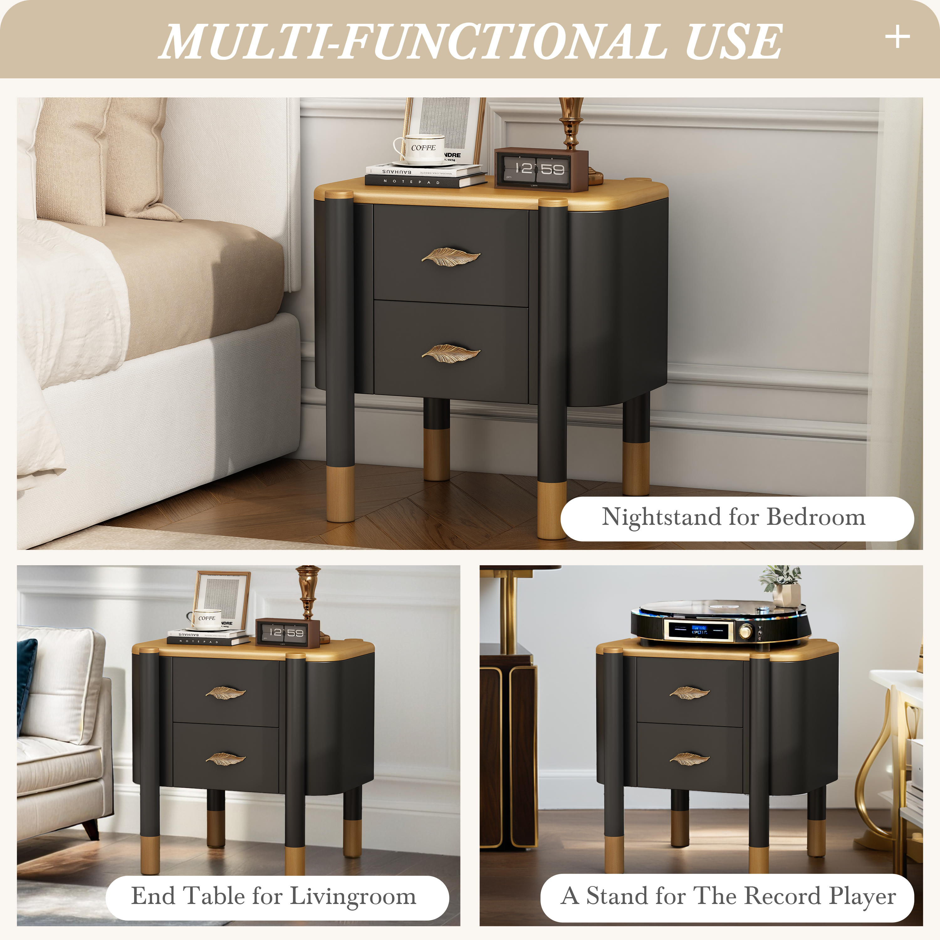 Noble House Contemporary Nightstand with 2 Drawers,Curved Profile Design & Feather-Shaped Metal Handles,for Bedroom,Black