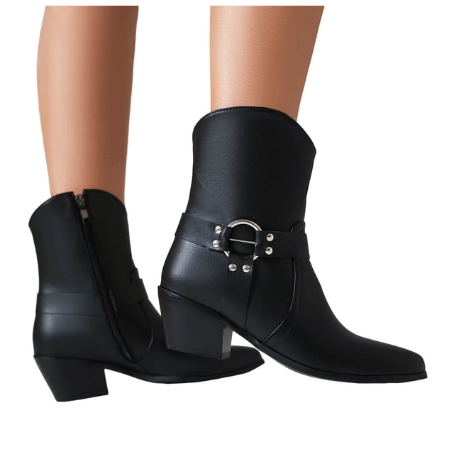 Womens Mens Cowboy Boots Classic Leather Buckle Pointed Toe Chunky Heels Wide Mid Calf Cowgirl Riding Work Booties