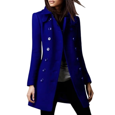 Women'S Winter Double Breasted Coat Elegant Lapel Collared Long Sleeves Blend Trench Pea Coat Blue XL