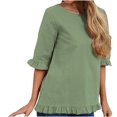 thumbnail image 1 of Hauts en Coton et Lin d'Été pour Femmes Manches à Volants Col Rond Couleur Unie Chemises Blouses Décontractées Confortables Basiques, 1 of 7