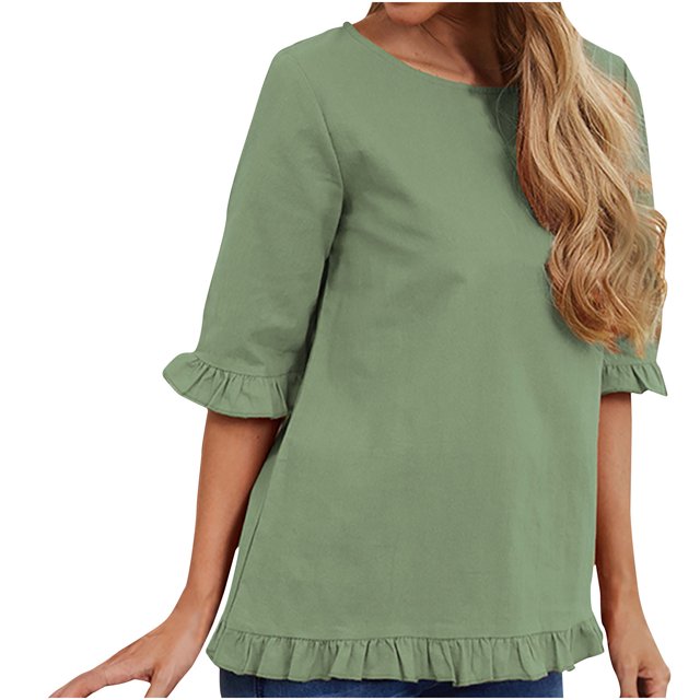Hauts en Coton et Lin d'Été pour Femmes Manches à Volants Col Rond Couleur Unie Chemises Blouses Décontractées Confortables Basiques