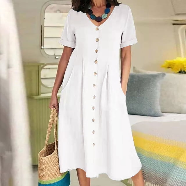 Robes d'Été pour Femmes 2023 Mode Tendance Femmes Été Décontracté Col en V Uni Manches Courtes Bouton Poche Robe en Coton Lin Robes Midi pour Femmes Invité de Mariage en Liquidation