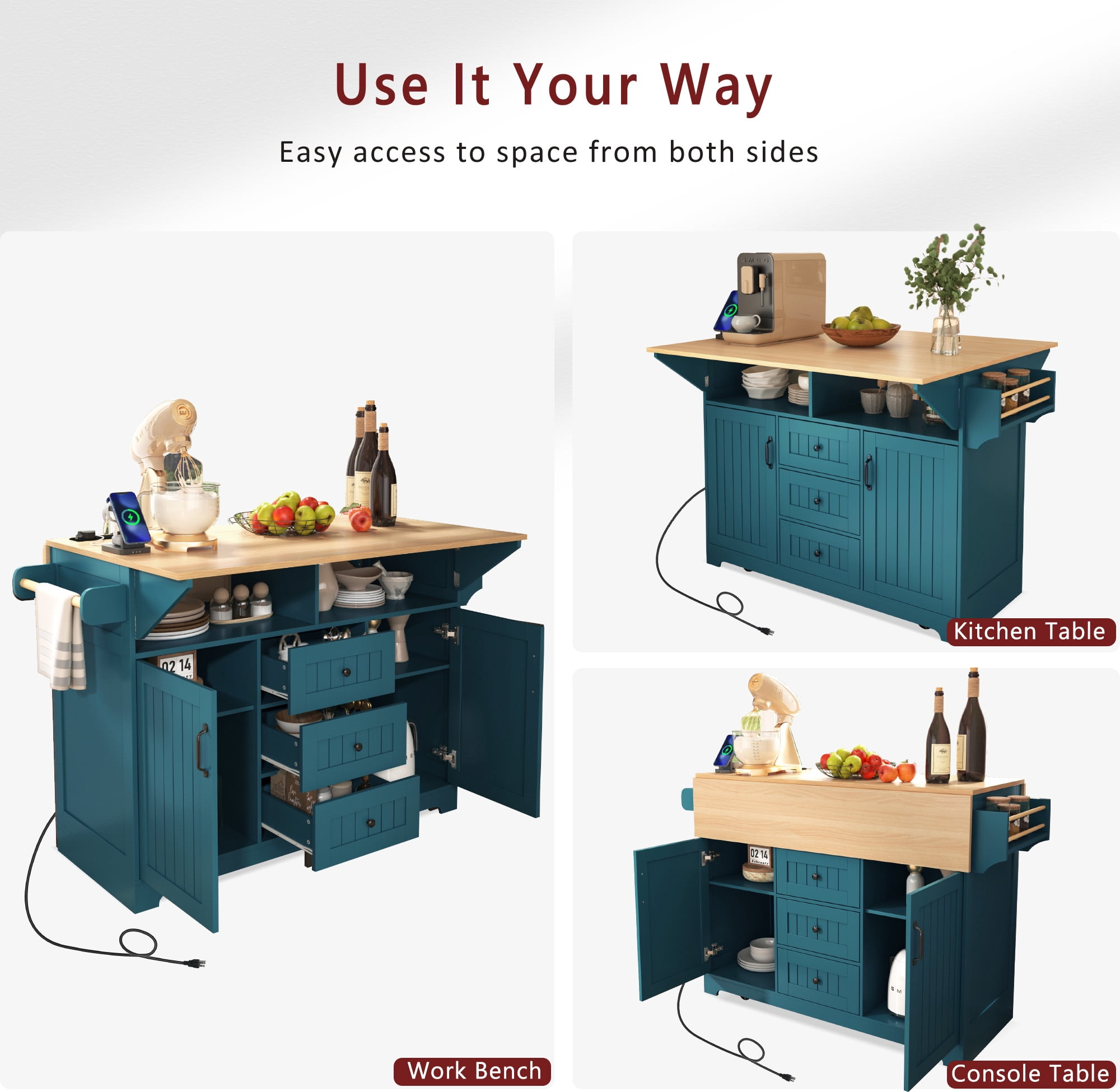 Noble House 55.7" Kitchen Island with 2 Drop Leaf, for 4-6 Seating,Green