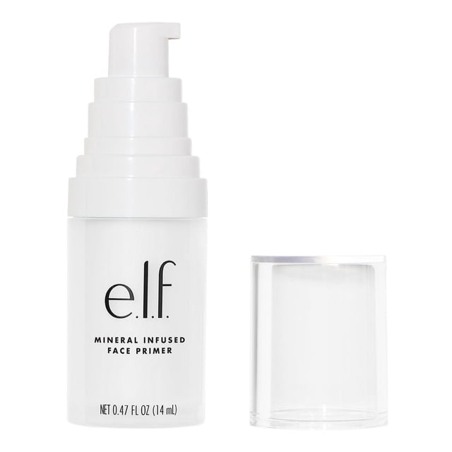 e.l.f. Cosmetics Apprêt pour le Visage Infusé de Minéraux dans une Bouteille à Pompe Blanche Claire avec Texte Noir et un Bouchon transparent à Côté, Formulé pour Lisser la Peau, Combler les Ridules et Préparer le Visage à une application de Maquillage Longue Tenue.