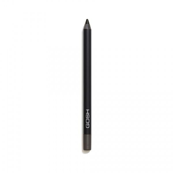GOSH-Velvet Touch Eye Liner - 027 Hypnotic Grey pencil eyeliner with a black matte barrel and grey tip, featuring the GOSH logo in white, designed for smooth, waterproof application with high coverage and intense colour pay-off.