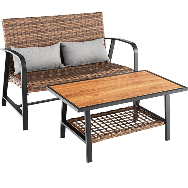 Gymax Ensemble de 2 Causeuse en Rotin Ensemble de Table Basse avec Coussin de Dossier Rembourré pour Terrasse
