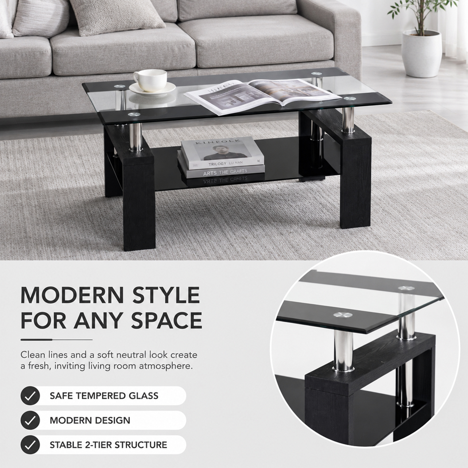 Noble House Modern Rectangular Tempered Glass Coffee Table,Double-Layer Glass Top with Sturdy Black Legs,34.45" Compact,Black