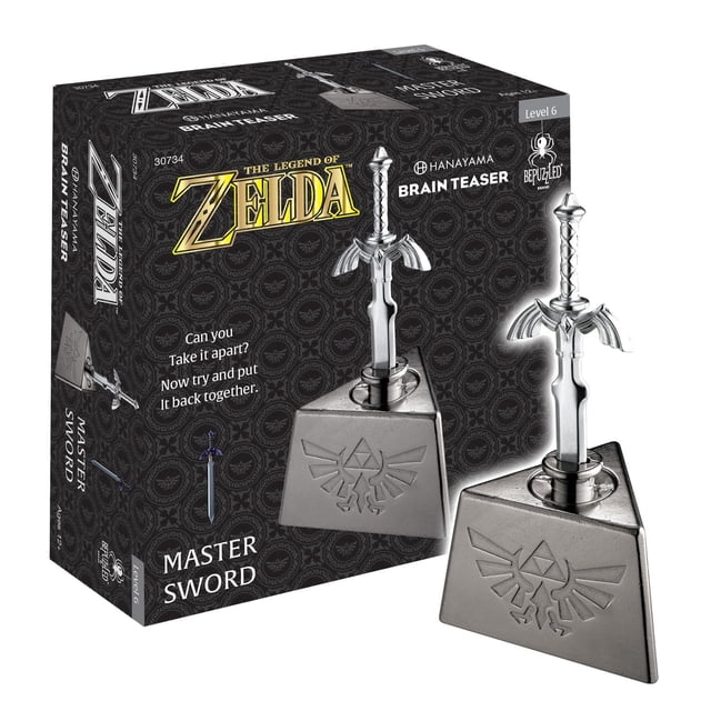 Legend of Zelda Master Sword Brain Teaser front-facing, cast metal Hanayama Mensa level 6 puzzle showing a miniature Master Sword lodged in a stone-style pedestal with a central cylindrical connector. Rotate the cylinder to free the sword; ages 12+. Suitable as a collectible display piece.