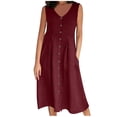 thumbnail image 4 of BiZtdJrK Robe Longue d'Été en Coton et Lin pour Femme, Boutonnée, Fluide, Vacances, Plage, Robes Soleil, Couleur Unie, Col Ras du Cou, Maxi, avec Poches, Bourgogne, TTG, 4 of 8