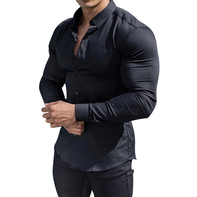 Pompotops Men Casual Solid Turn-down Collar Button Long Sleeve Shirt on Sale