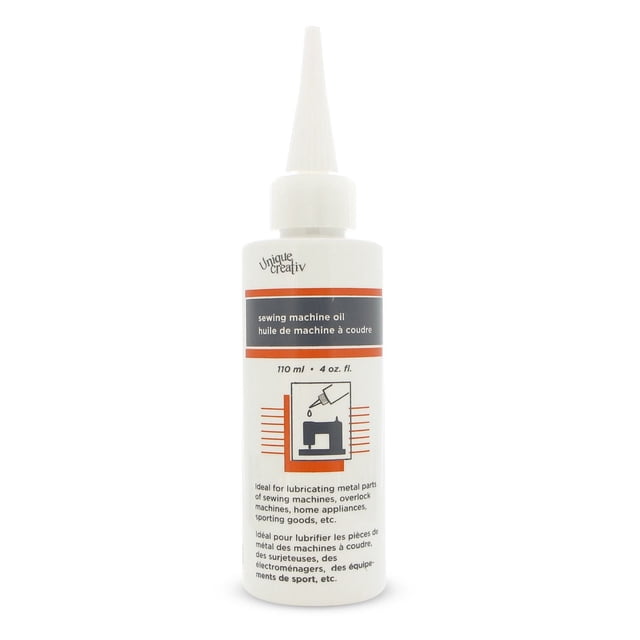 UNIQUE Creativ Sewing Machine Oil 110 mL (4 fl oz) white plastic bottle with a pointed easy-pour spout, labeled for lubricating metal parts of sewing machines, sergers, home appliances, and sporting goods to reduce wear and friction, shown front-facing on a white background.