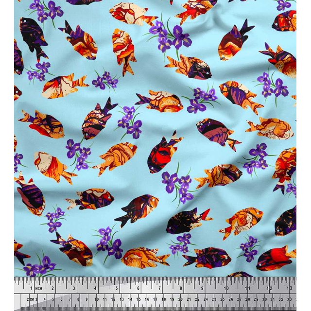 Soimoi Tissu Poly Georgette Floral & Poisson Texturé Imprimé Océan au Mètre 52 Pouces de Large