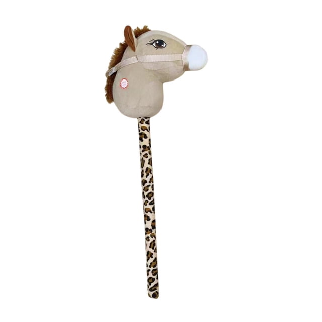 Milaget Stick Horse Handcrafted Creative Fun Horse Riding Stick for Boys Girls Children Performance Props Stage Halloween Beige. This lightweight stick horse features a beige plush horse head with embroidered details and a leopard-print stick handle. Designed for imaginative play, it helps children develop balance skills and is suitable for stage performances or indoor and outdoor use. Made from durable PP cotton and materials, it measures 70cm in length and 30cm in width, making it easy for children to handle. Ideal as a gift for birthdays or festive occasions.