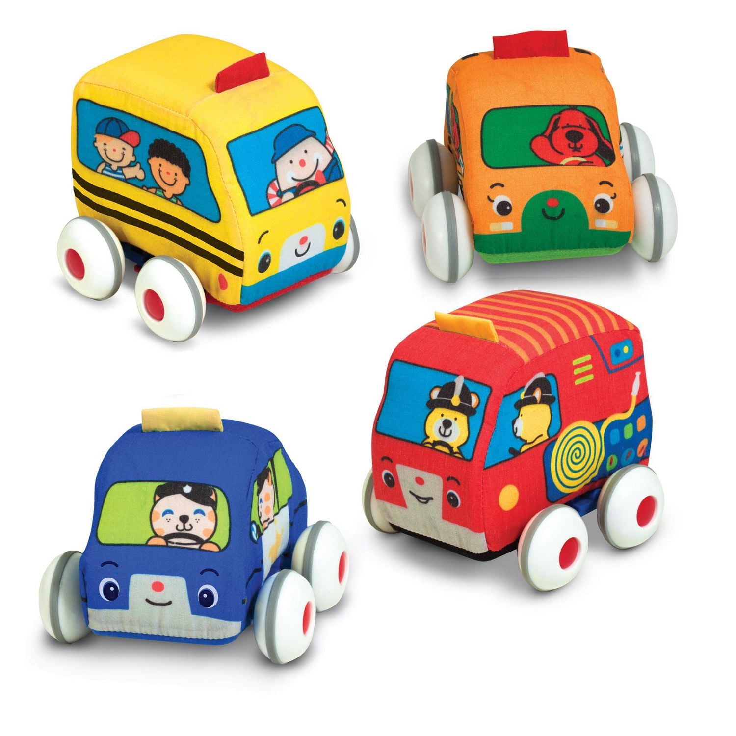 Melissa & Doug K’s Kids Pull-Back Vehicle Set - Ensemble de jouets doux pour bébé avec 4 voitures et camions et étui de transport