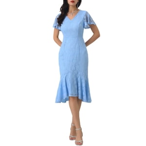 INSPIRE CHIC Robes de dentelle florale en queue de poisson Cocktail formel Manche courte Midi Robe L Bleu clair