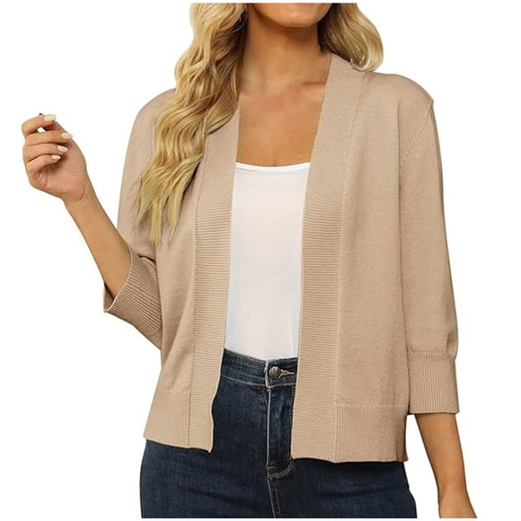 Pitauce Womens 3/4 Sleeve Cropped Cardigan Sweater Open Front Lightweight Knitted Bolero Shrug Cardigan