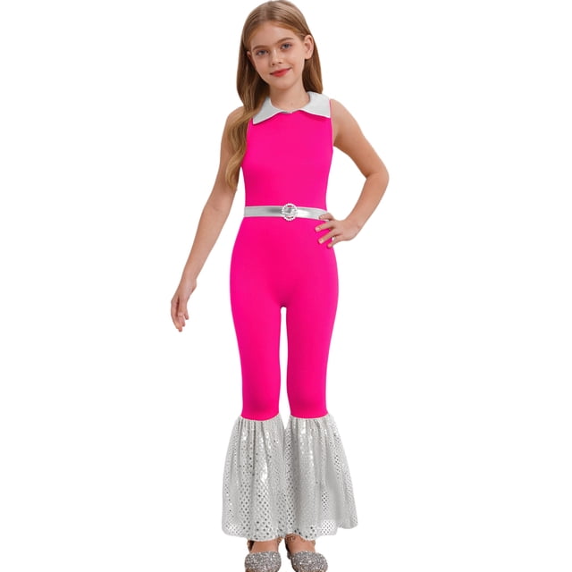 Hansber Combinaisons de Danse Disco Sans Manches à Sequins pour Filles Enfants Rose Vif 16
