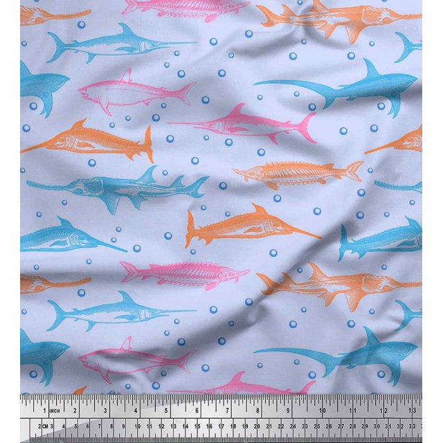 Soimoi Modal Satin Fabric Bubbles & Fish Ocean Decor Fabric Printed Yard 42 Inch Wide