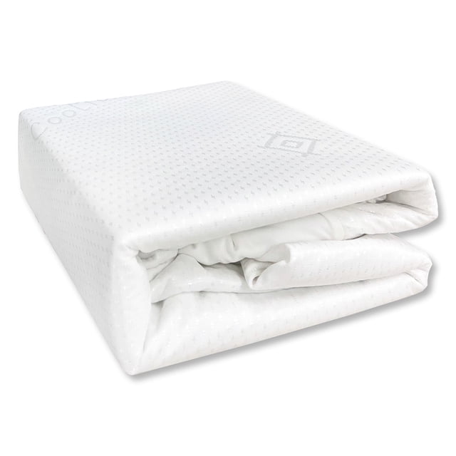 Cotton House CoolTex Mattress Protector, King Size, folded with its white jacquard knit fabric featuring a subtle dotted pattern. Offers moisture-wicking, 100% waterproof protection, hypoallergenic comfort, and dust mite resistance. Ideal for allergy-sensitive households.