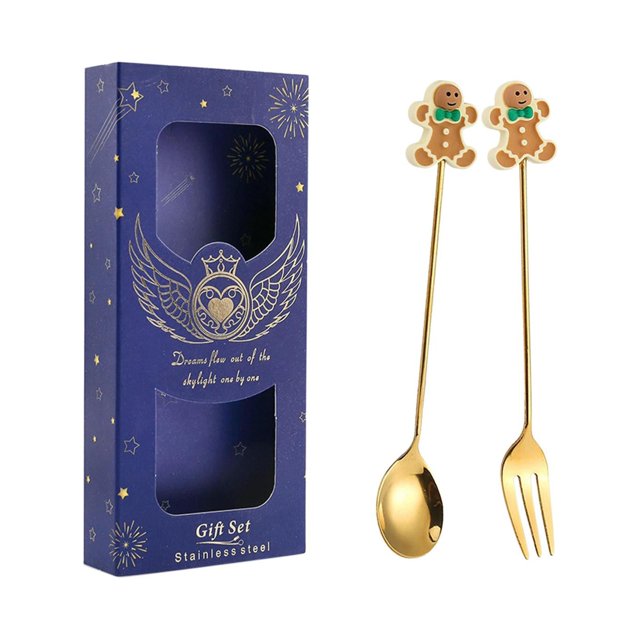 Stainless Steel Dessert Spoons Forks Tea Spoons Stainless Steel Christmas Spoons gingerbread blue
