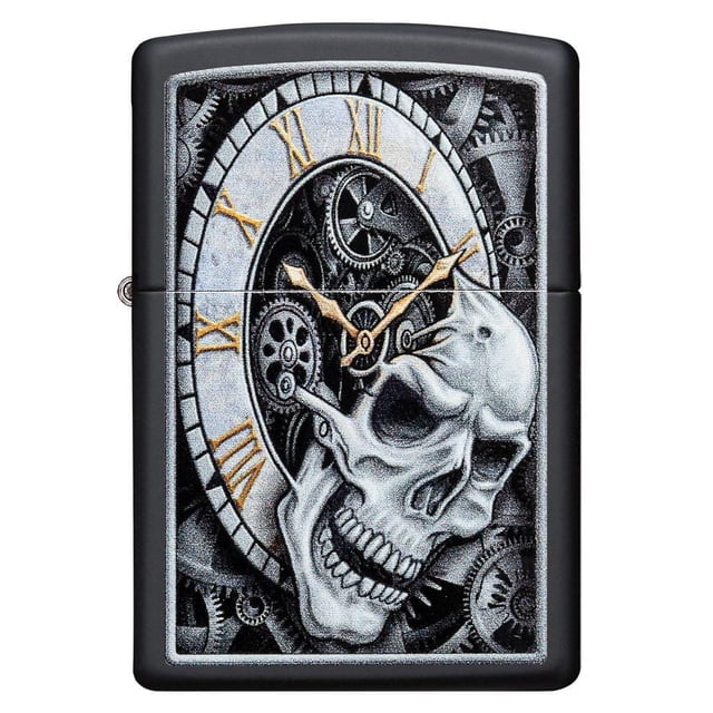 Zippo Design d'Horloge à Crâne (29854) Briquet Noir Mat Coupe-Vent Présentant un Crâne Détaillé avec des Aiguilles d'Horloge Dorées, Cadran d'Horloge à Chiffres Romains et Engrenages Mécaniques, Conçu avec une Oeuvre d'Art style Stylo et Encre Complexe, Rechargeable pour l'Équipement de camping et l'Utilisation comme Démarreur de Feu, Fabriqué aux É.-U. avec Garantie à Vie.