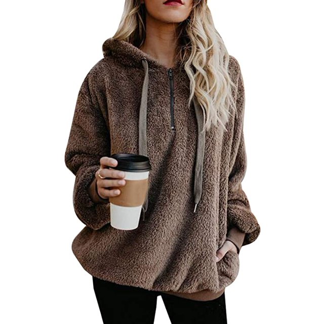 Sweat à Capuche Sherpa en Peluche pour Femmes, Pull à Fermeture Éclair en Polaire