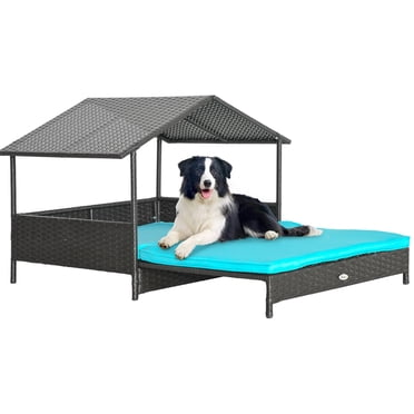 PawHut Niche pour Chien en Rotin Extensible Extérieur Intérieur avec Toit, Bleu