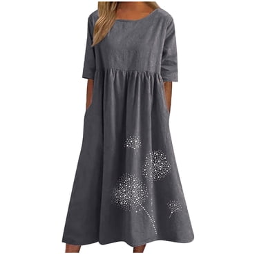Meichang Robes en Coton et Lin pour Femmes Grande Taille Robe à Imprimé Pissenlit avec Poches Manches Courtes Maxi Robe d'Été Plissée Respirante Col Ras du Cou Robes de Plage pour les Vacances, P-5TG
