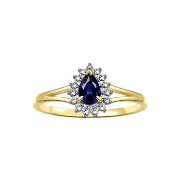 RYLOS Bagues pour Femmes Bague en Argent Plaqué Or 14K Halo de Diamants Bague Pierre de Naissance Pierre Précieuse en Forme de Poire 6X4MM Goutte d'Eau Saphir de Septembre Bijoux pour Femmes Taille 7