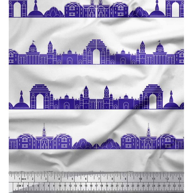Soimoi Bleu Moss Tissu Georgette Monuments Indiens Tissu Imprimé Architectural 1 Yard 42 Pouces de Large