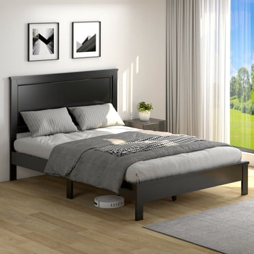 Gymax Queen Size Bed Frame Platform Slat High Headboard Bedroom Rubber Wood Leg Black