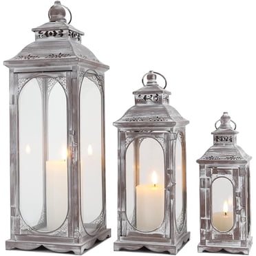 Ensemble de 3 Lanternes à Bougie Vintage 10/14/19,5 Pieds'H Lanterne Décorative Extérieure Porte-Bougie en Métal avec Verre Trempé pour Maison Salon Jardin Fêtes Événement Intérieur Extérieur (Ciment Gris)