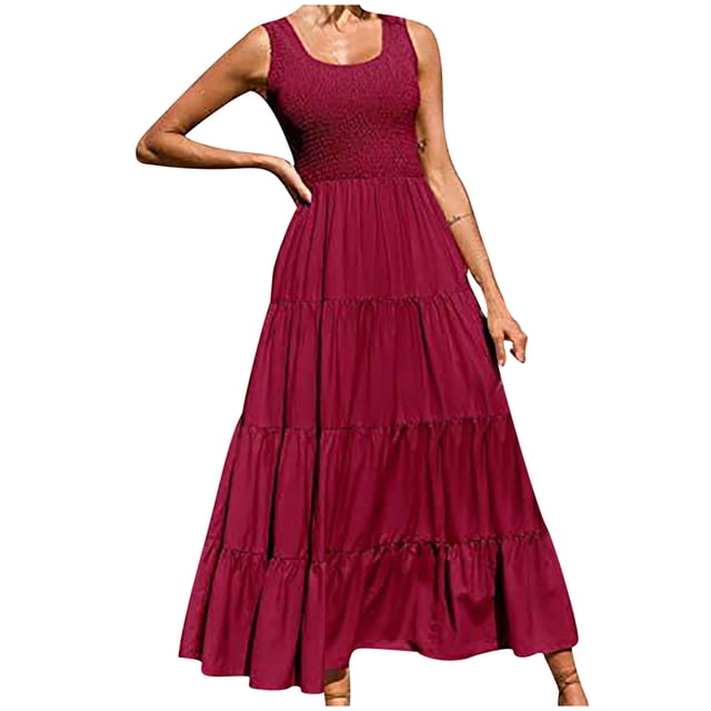 Penkiiy Robe Maxi d'Été Décontractée pour Femme, Fluide, à Volants, Bohème, Longue, m Rouge